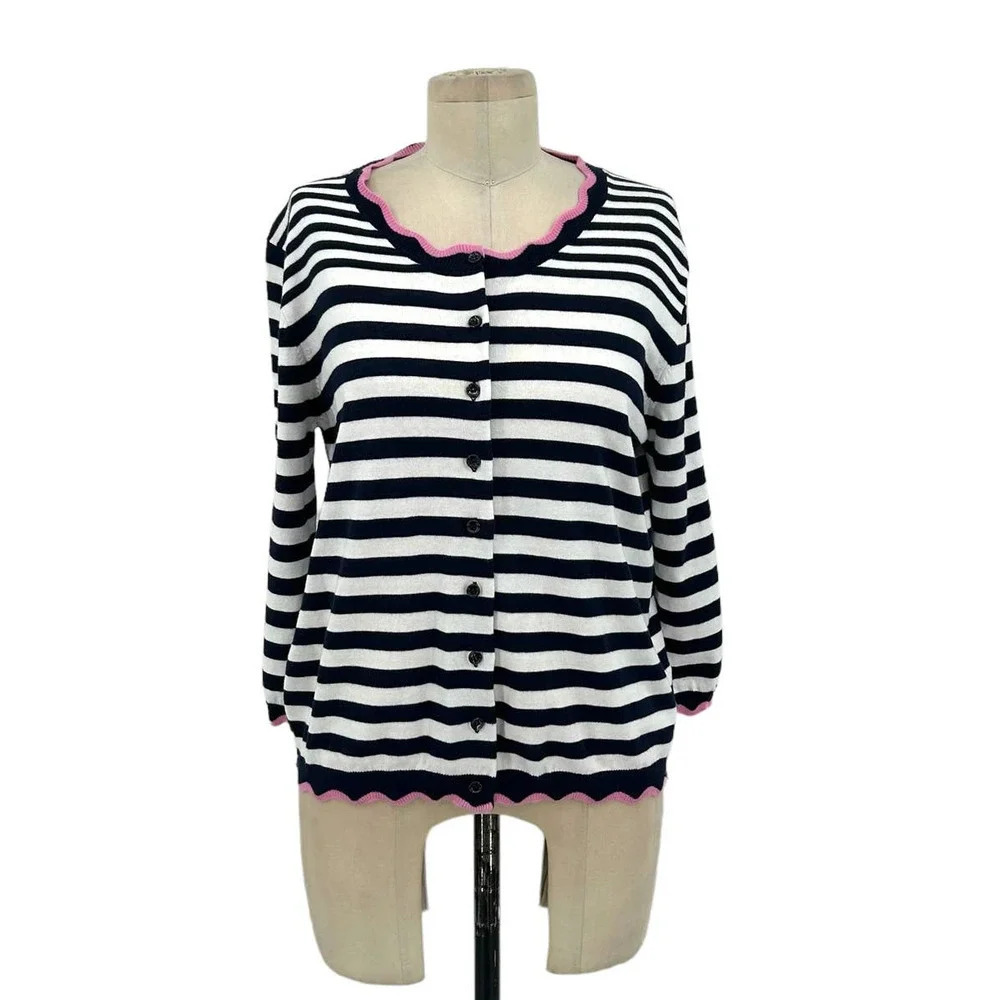 Allude Cardigan‎ Sweater Striped Cotton Scallop Trim Navy Blue White Size Medium